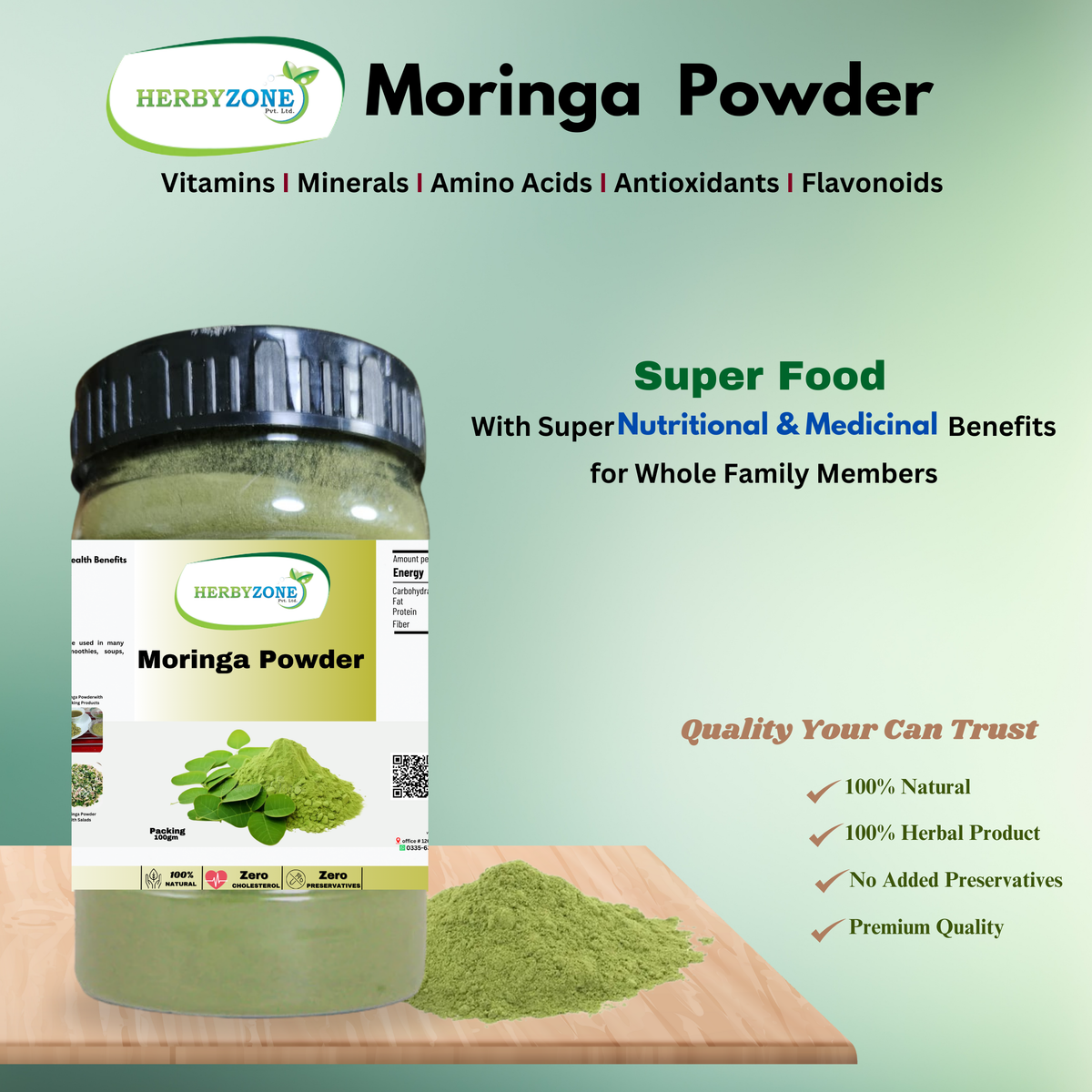 Moringa powder bottle Rich in vitamins A, C, and E, plus iron and calcium.